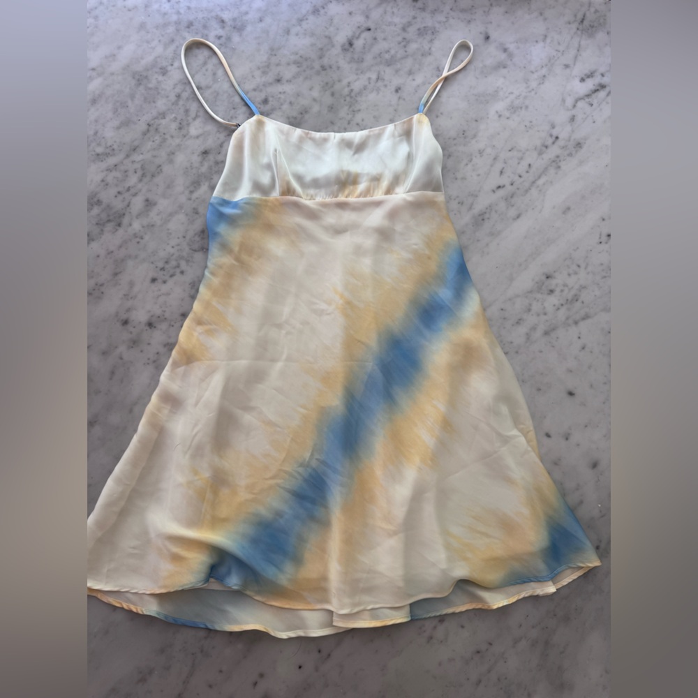 Zara Yellow Blue Tye Dye Satin Slip Cami Mini Dress